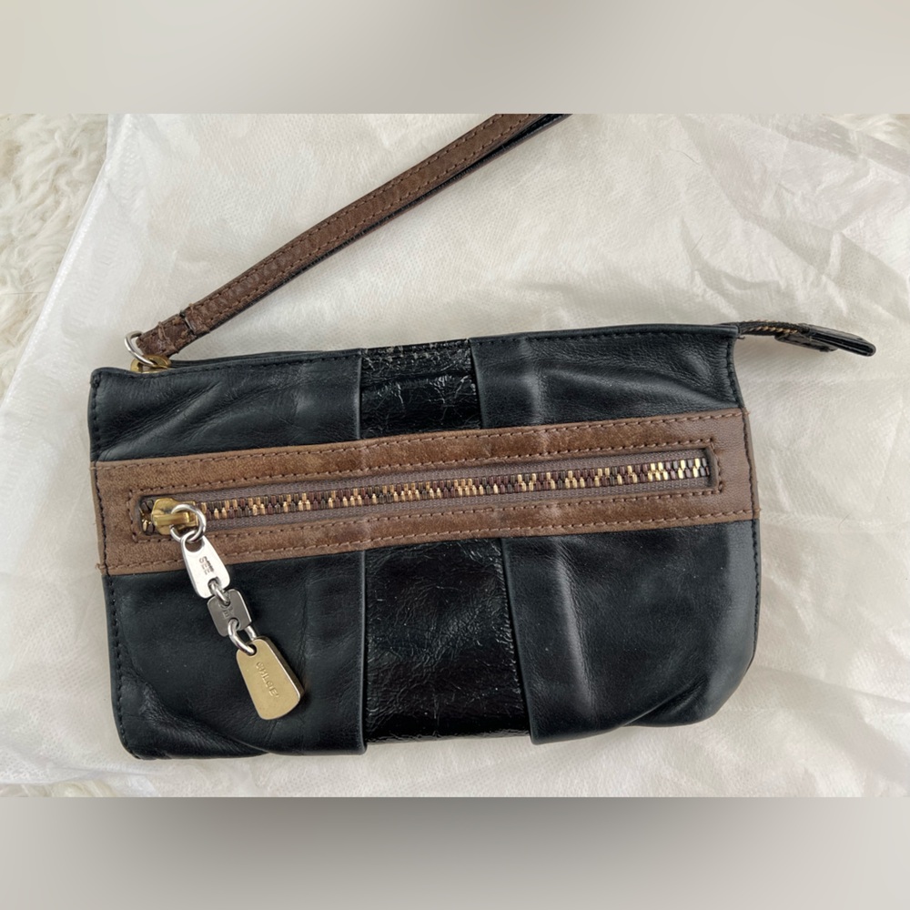 See By Chloe Black and Brown Leather Wristlet Charm Clutch